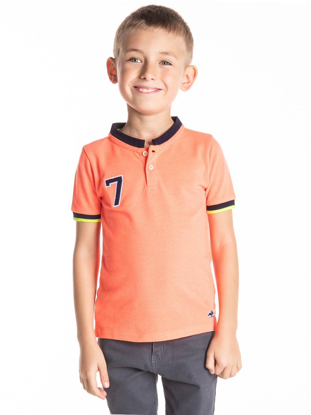 

Cherry Crumble Boys Coral Orange Solid Mandarin Collar T-shirt