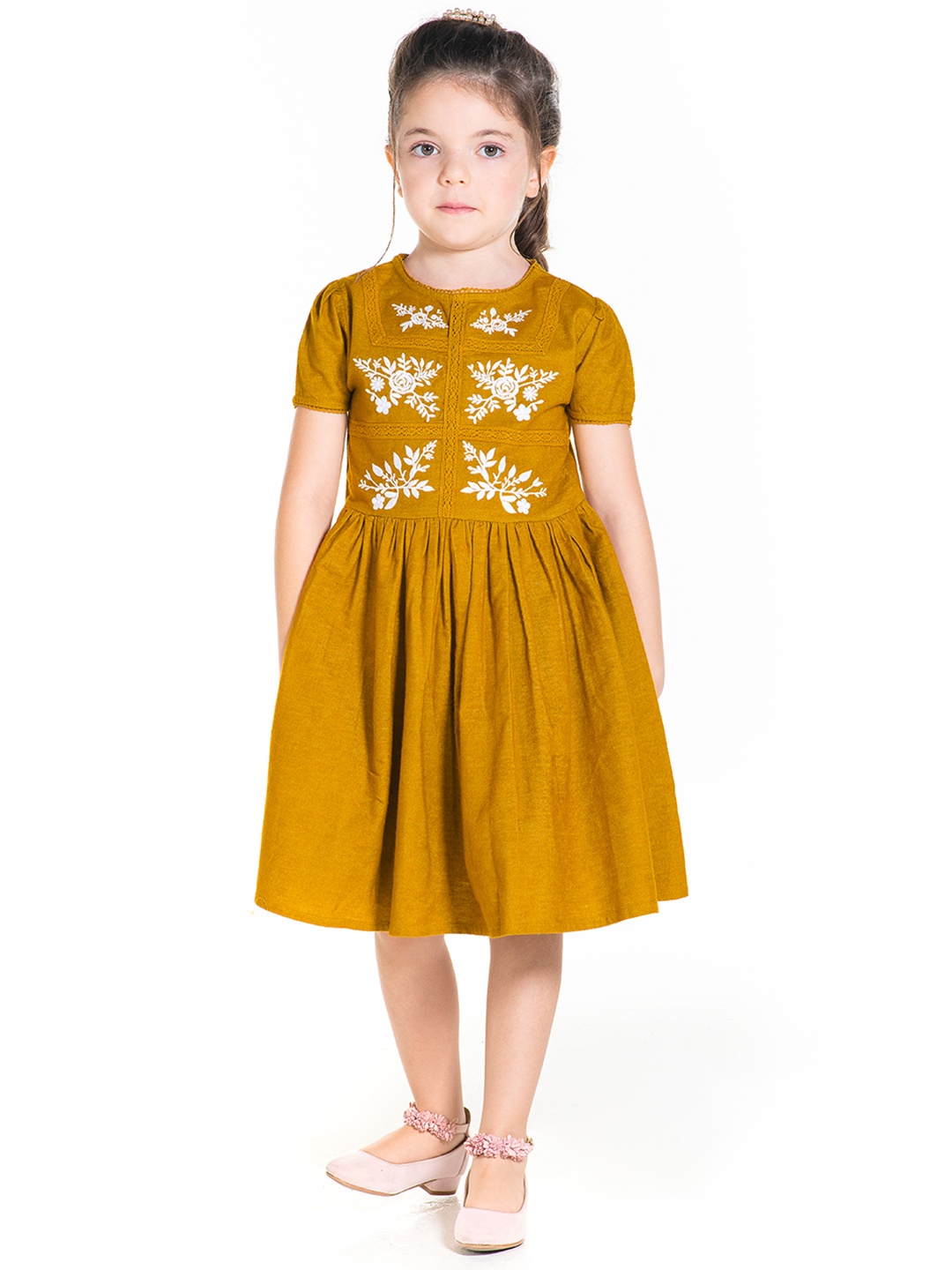 

Cherry Crumble Girls Mustard Brown Solid Fit & Flare Dress