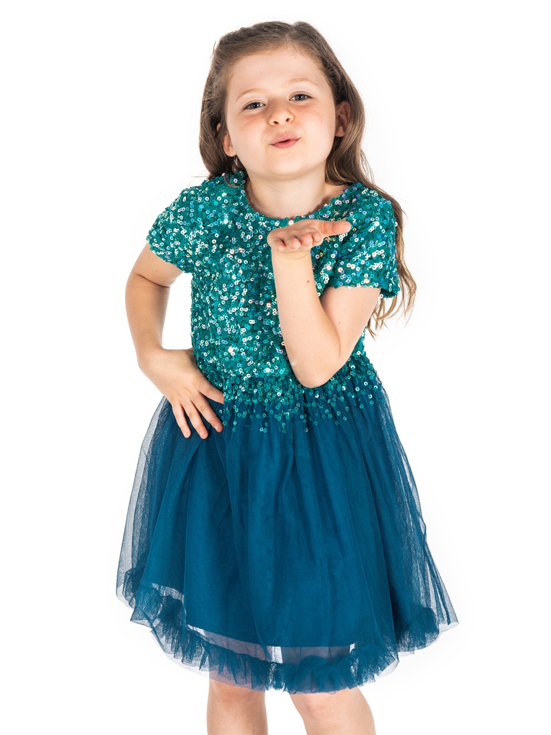 

Cherry Crumble Girls Teal Green Sequinned Fit & Flare Dress