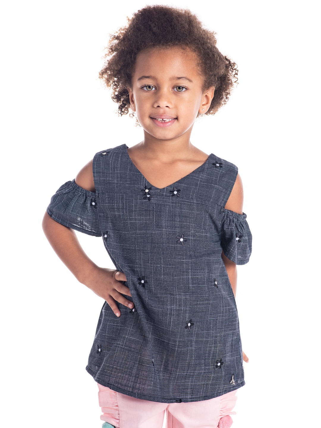 

Cherry Crumble Girls Black Self Checked Pure Cotton Top