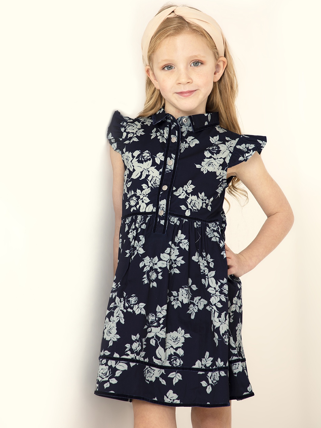 

Cherry Crumble Girls Navy Blue & Grey Floral Printed A-Line Dress