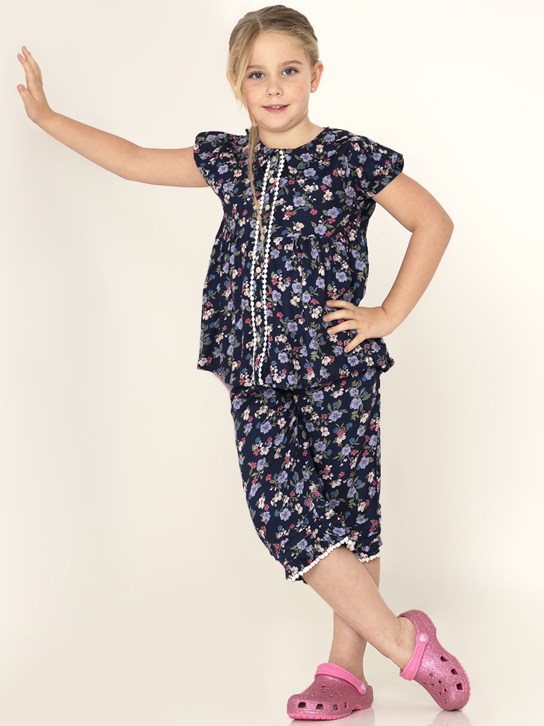 

Cherry Crumble Girls Navy Blue & Pink Printed Pure Cotton Night suit
