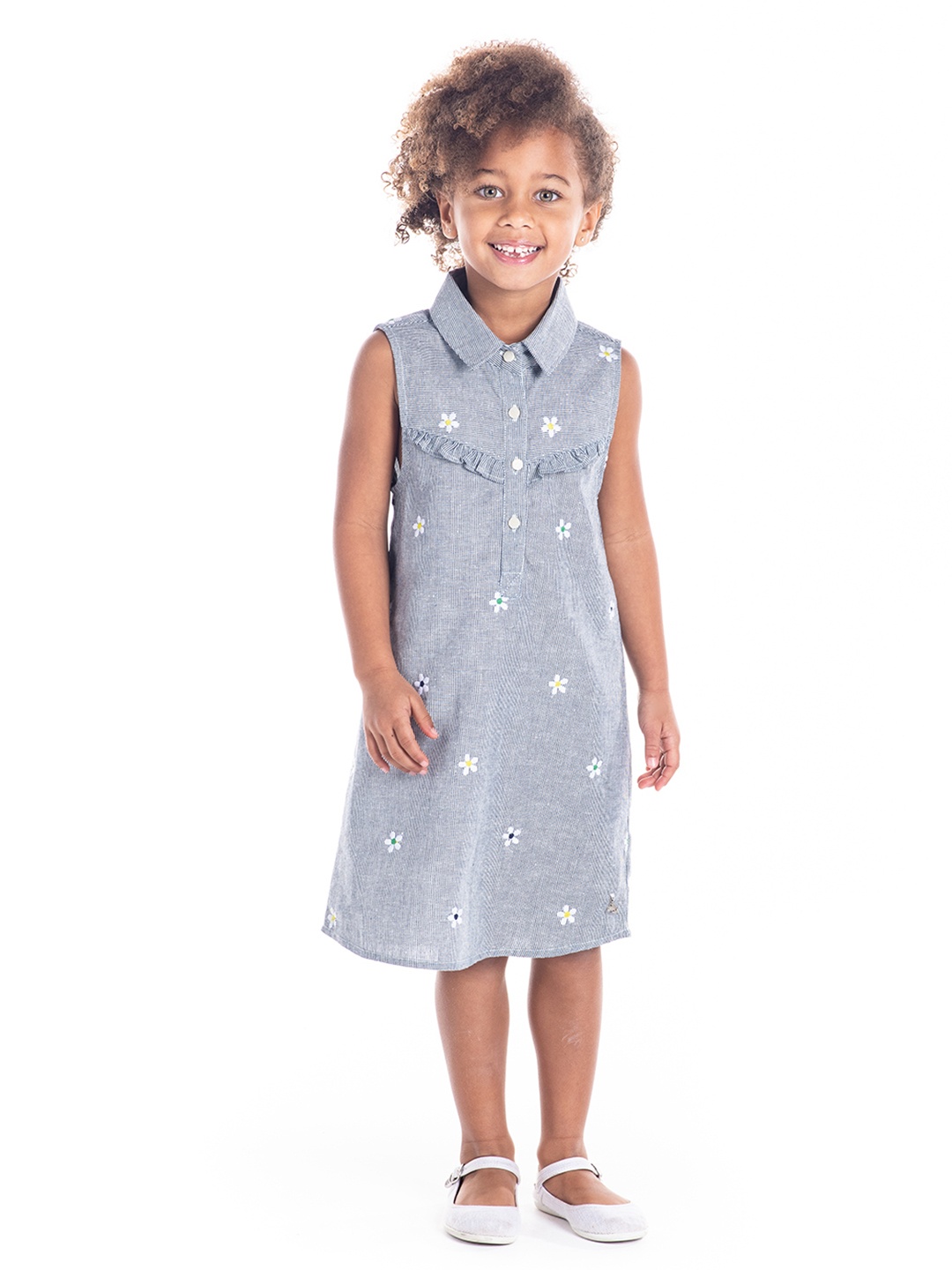 

Cherry Crumble Girls Navy Blue & White Self Striped A-Line Dress