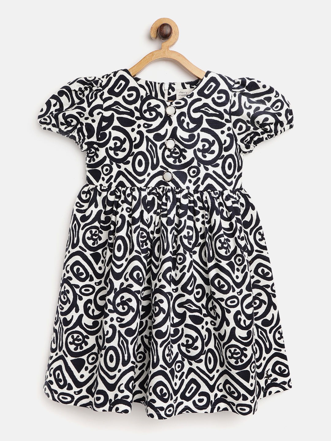 

Cherry Crumble Girls White & Navy Blue Printed Fit & Flare Dress