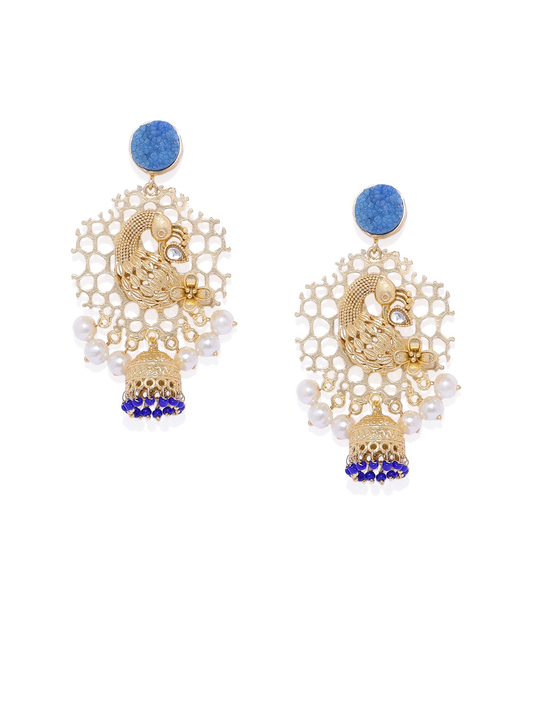 

ARUS Gold-Toned & Blue Peacock Shaped Jhumkas