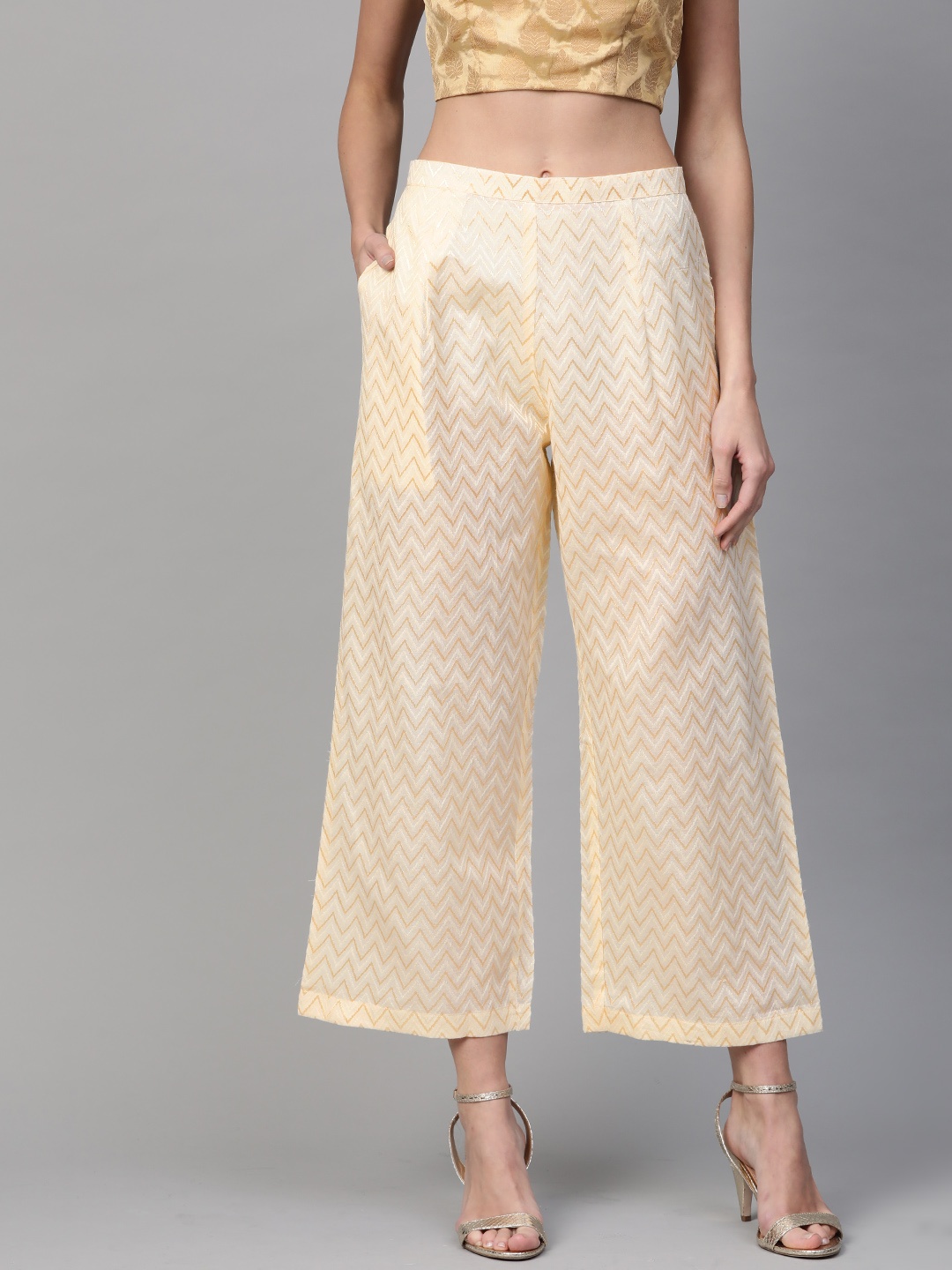 

Indo Era Women Cream-Coloured & Golden Embroidered Straight Palazzos
