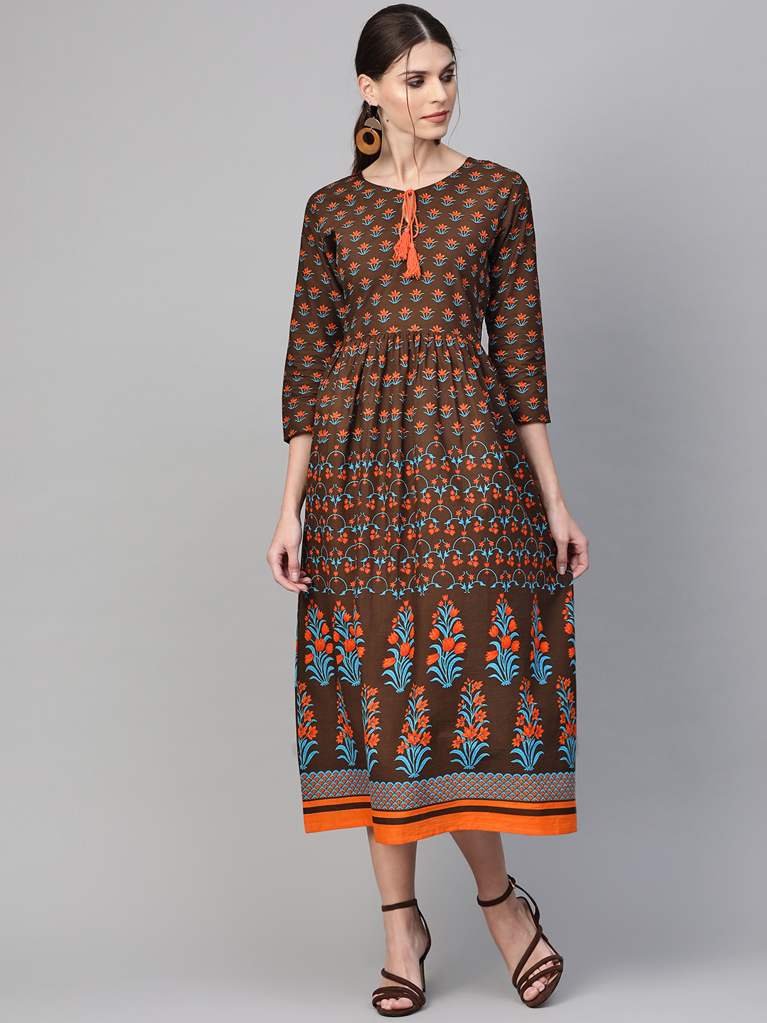 

Indo Era Women Coffee Brown & Orange Printed A-Line Dress