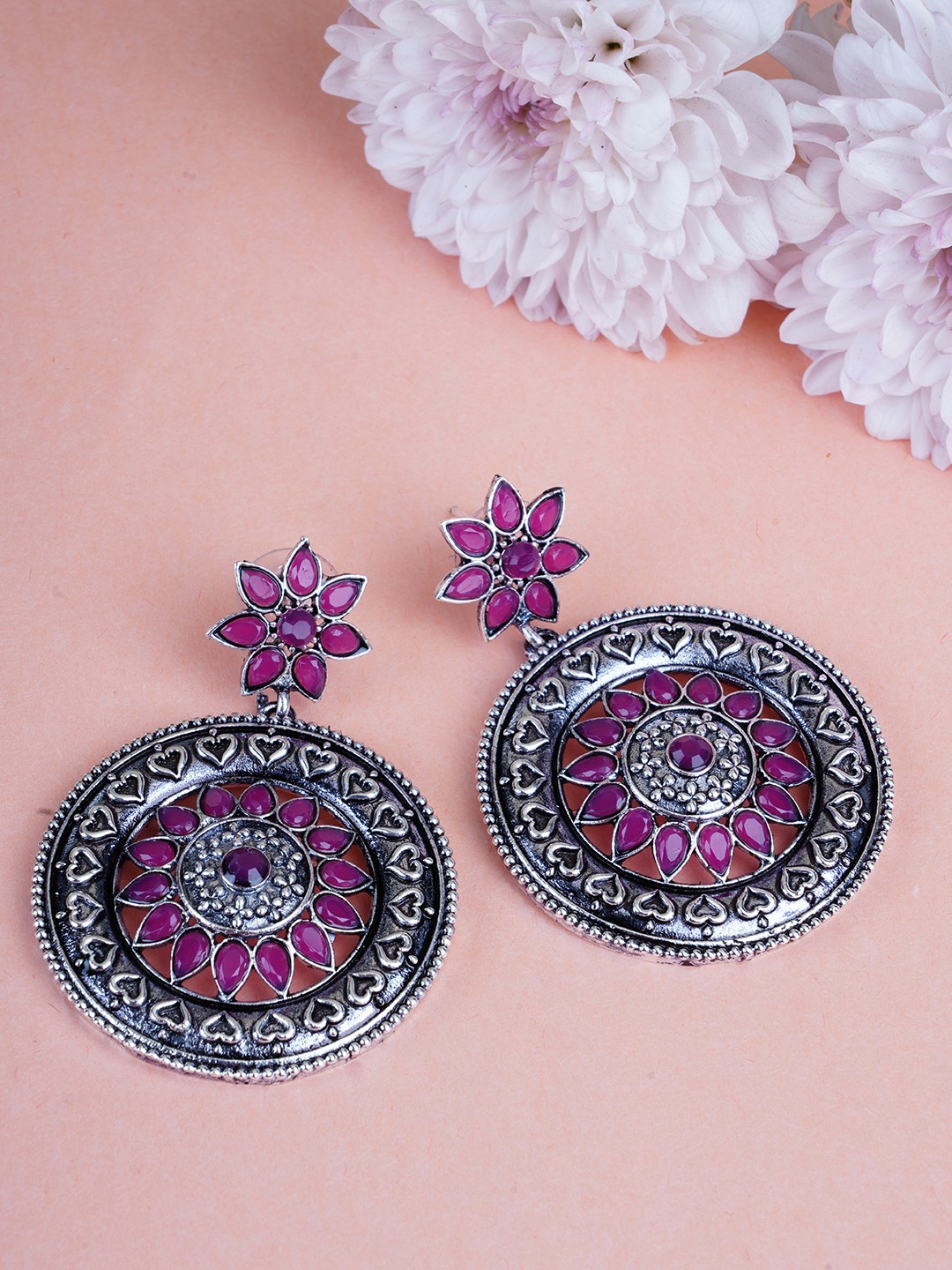 

FIROZA Oxidised German Silver Fuchsia Stone-Studded Textured Circular Drop Earrings