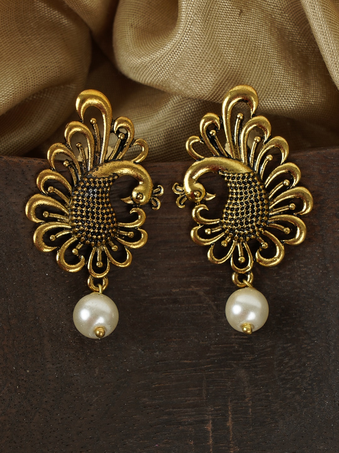 

FIROZA German Silver Antique Gold-Toned & Off-White Peacock Shaped Textured Drop Earrings