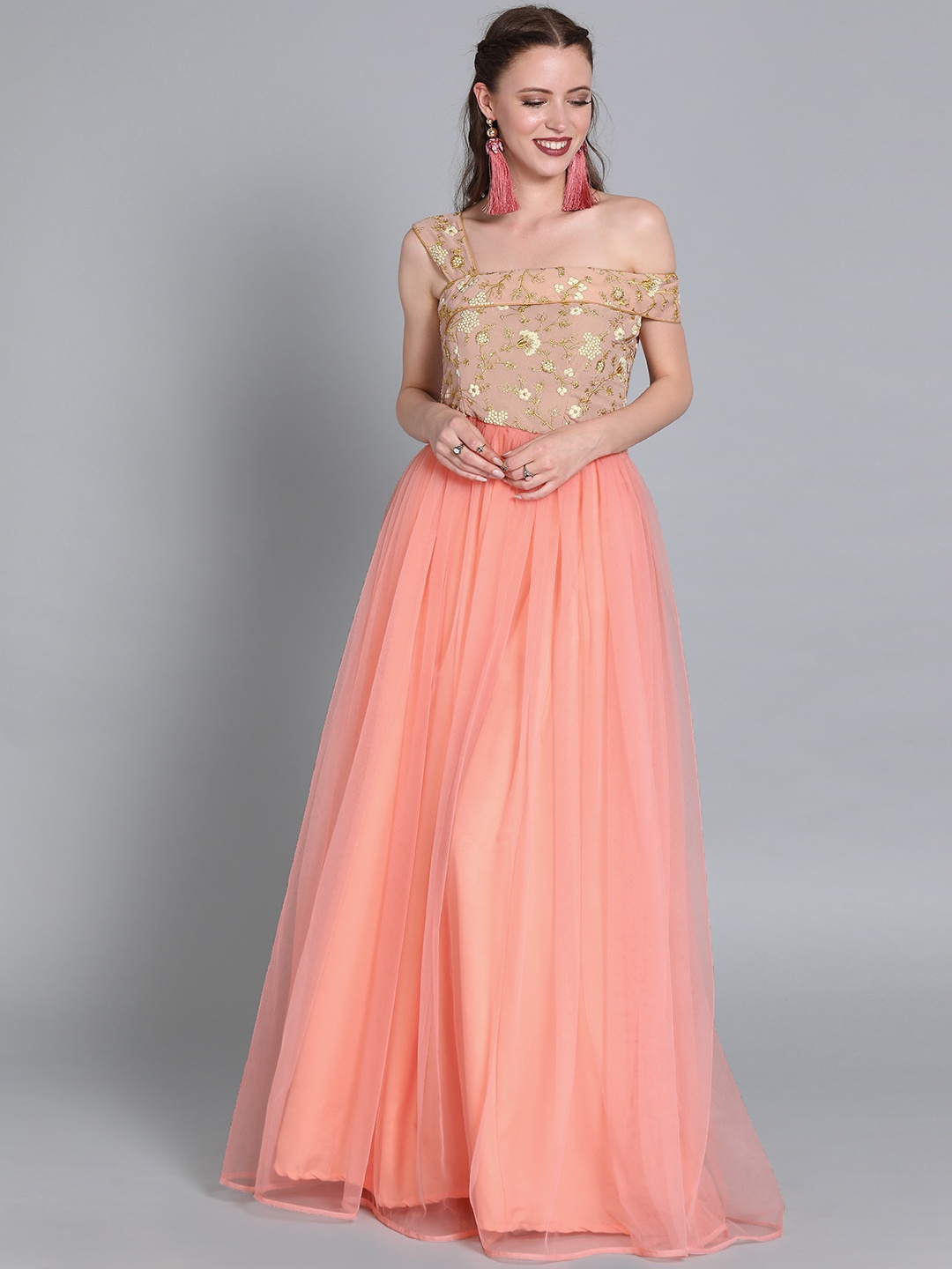 

Ethnovog Women Peach-Coloured Embroidered Maxi Made To Measure Dress