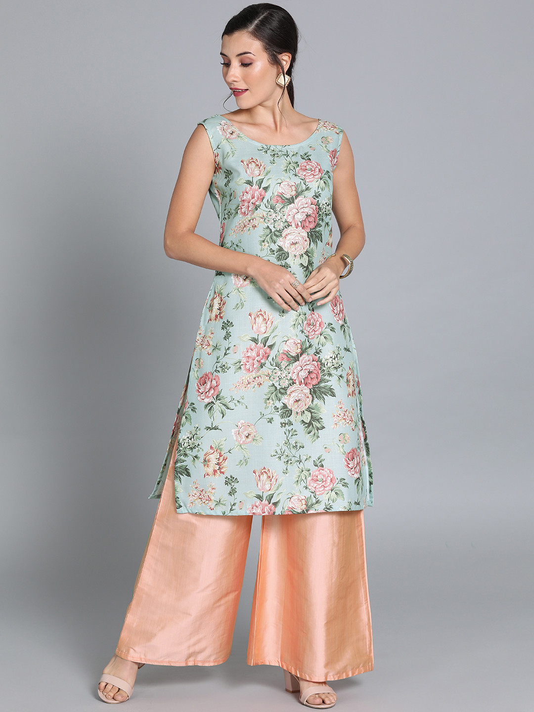 

Ethnovog Women Blue Peach-Coloured Printed Made To Measure Kurta with Palazzos