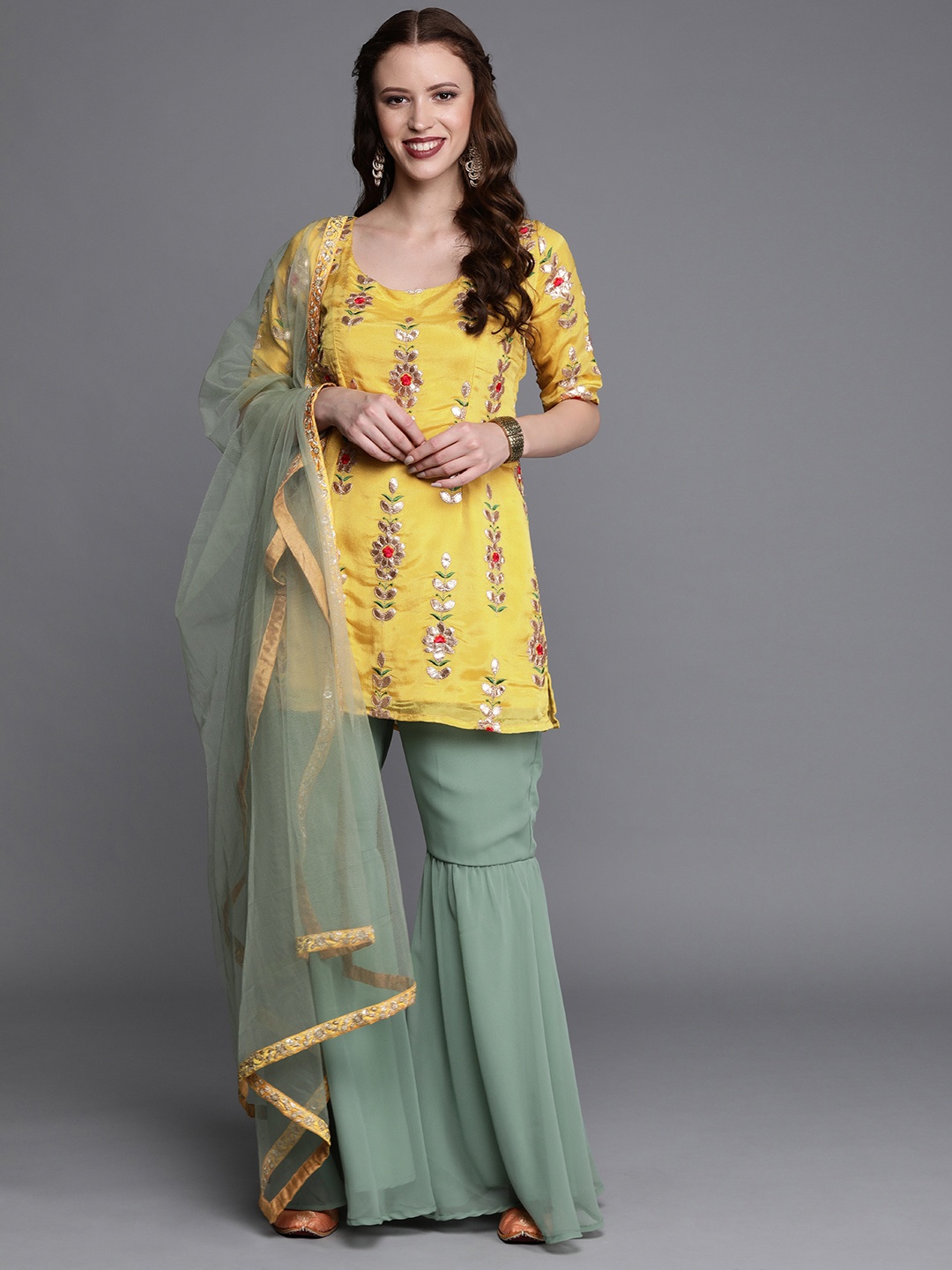 

Ethnovog Women Yellow Green Embroidered Kurta with Sharara Dupatta