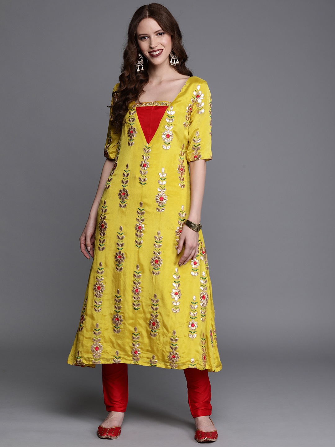 

Ethnovog Women Yellow Red Embroidered Made To Measure Kurta with Salwar