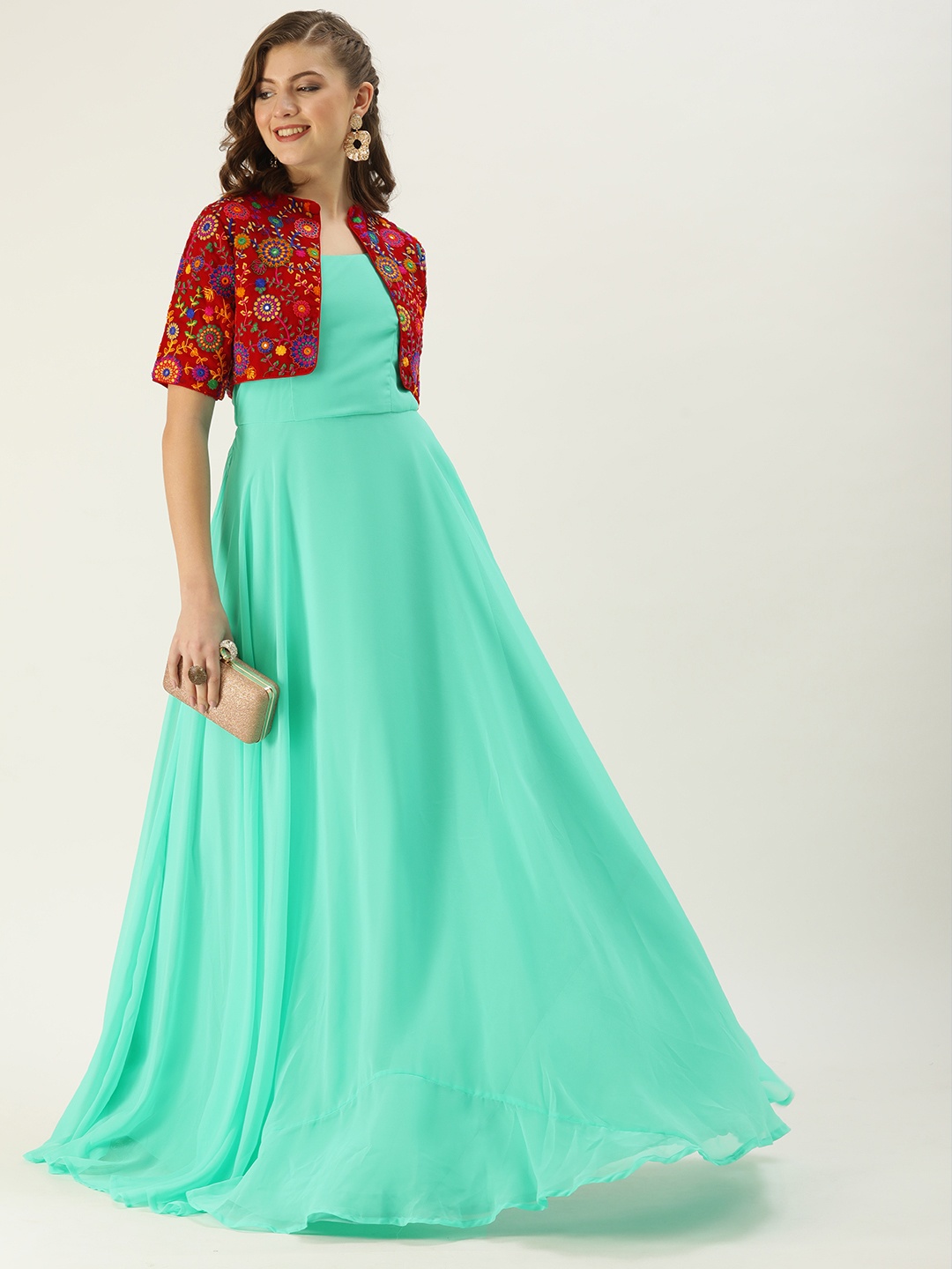 

Ethnovog Women Sea Green Solid Maxi Made To Measure Dress With Embroidered Jacket