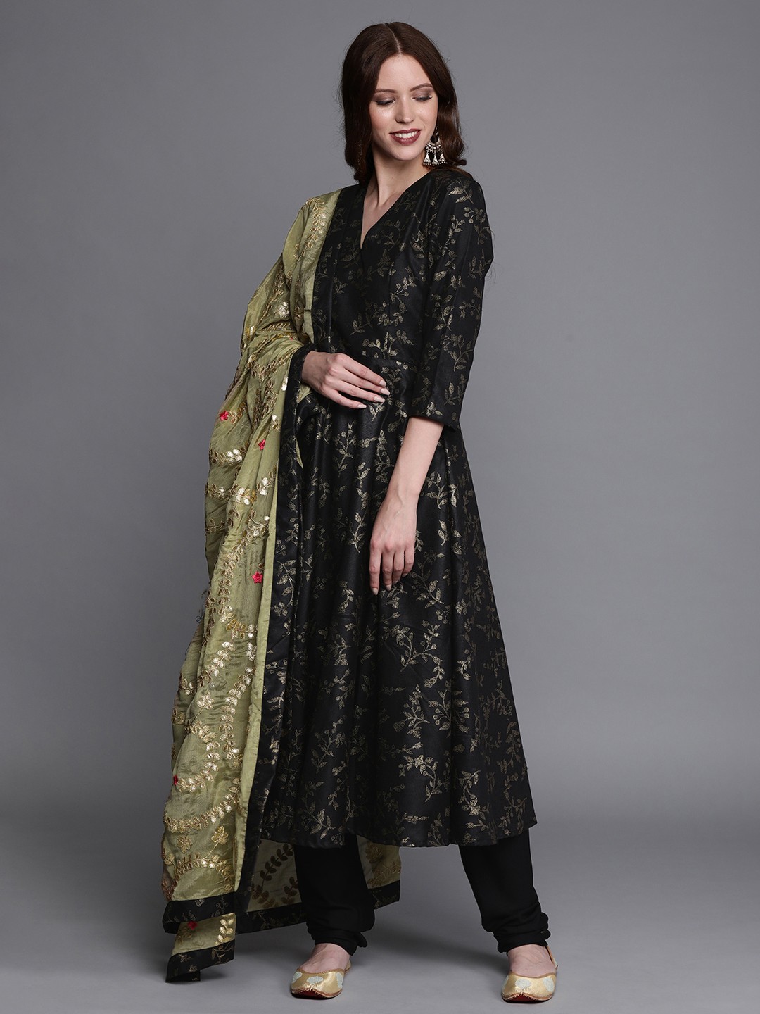 

Ethnovog Women Black Brown Printed Made To Measure Kurta with Churidar Dupatta