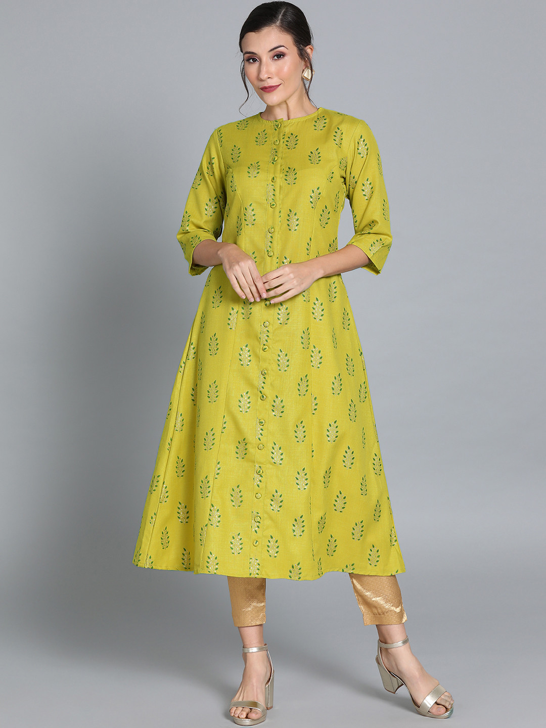 

Ethnovog Women Green Gold-Toned Printed Made To Measure A-Line Kurta