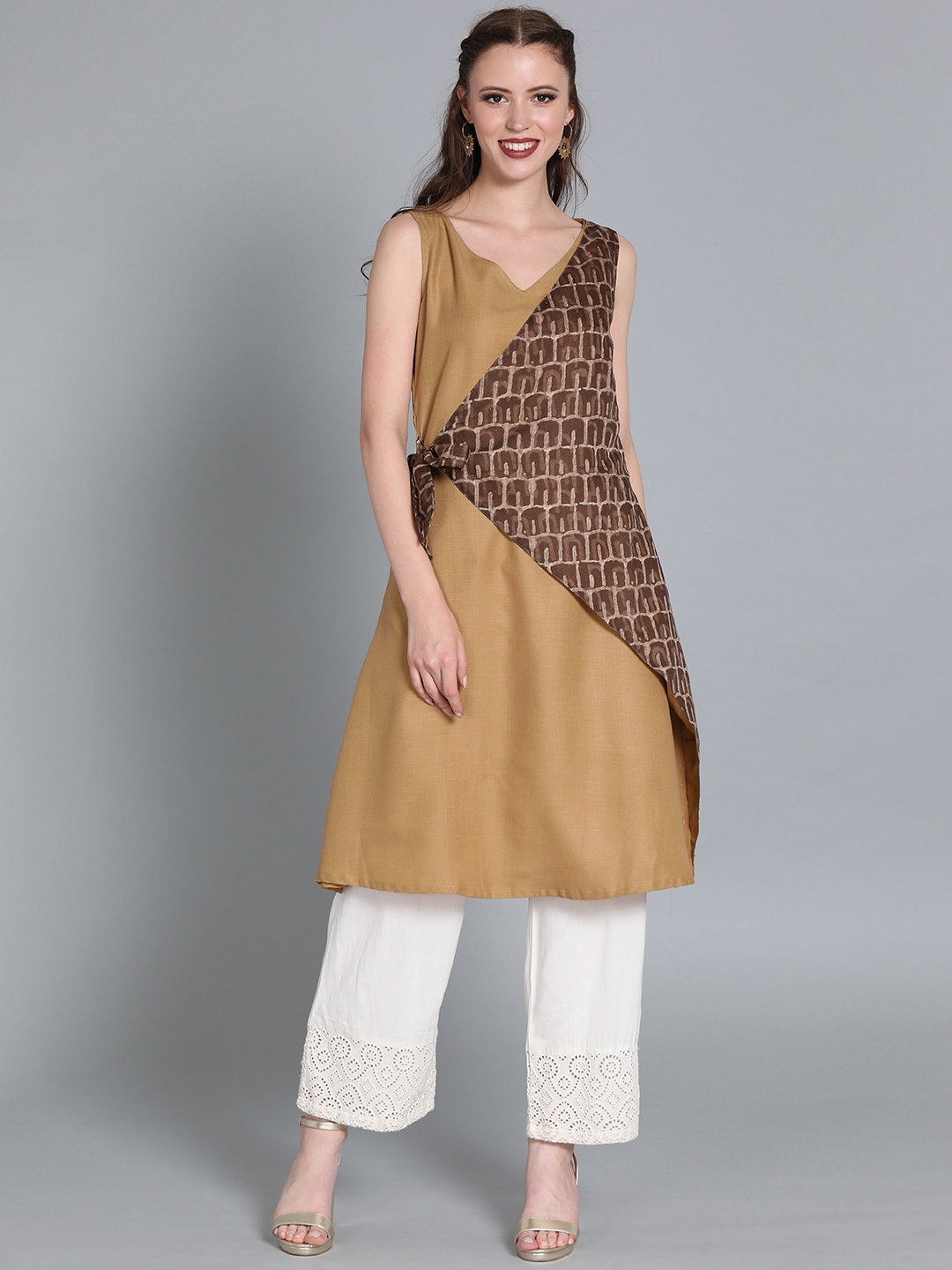 

Ethnovog Women Beige Brown Printed Made To Measure A-Line Layered Kurta