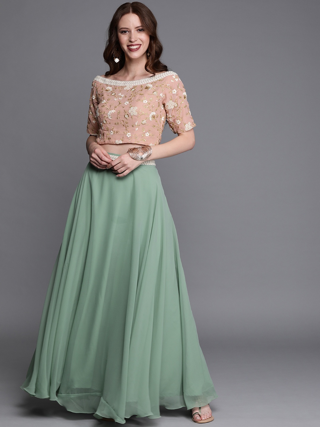 

Ethnovog Sea Green Peach-Coloured Made to Measure Lehenga with Blouse