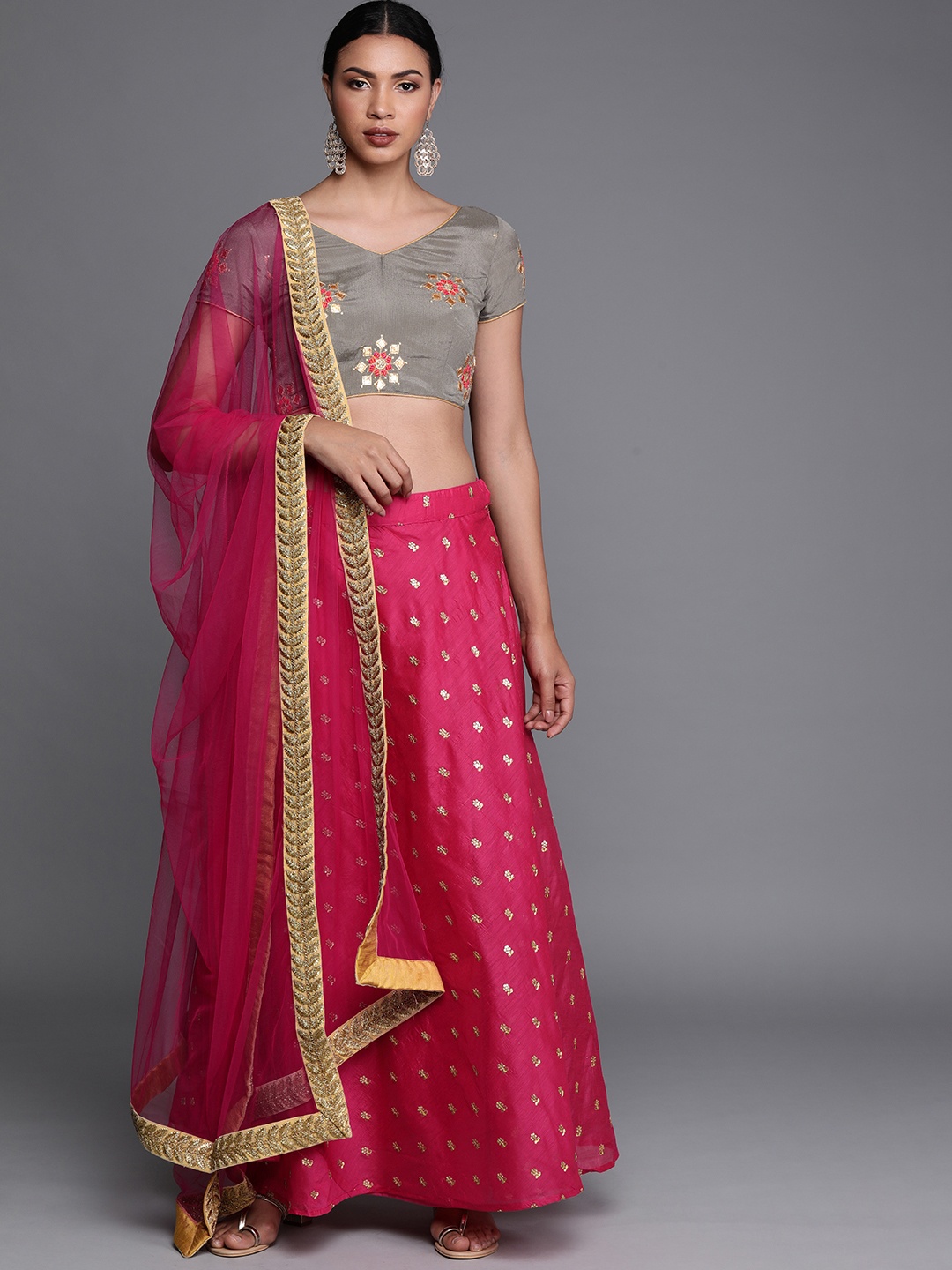 

Ethnovog Grey Pink Embroidered Made to Measure Lehenga Blouse with Dupatta