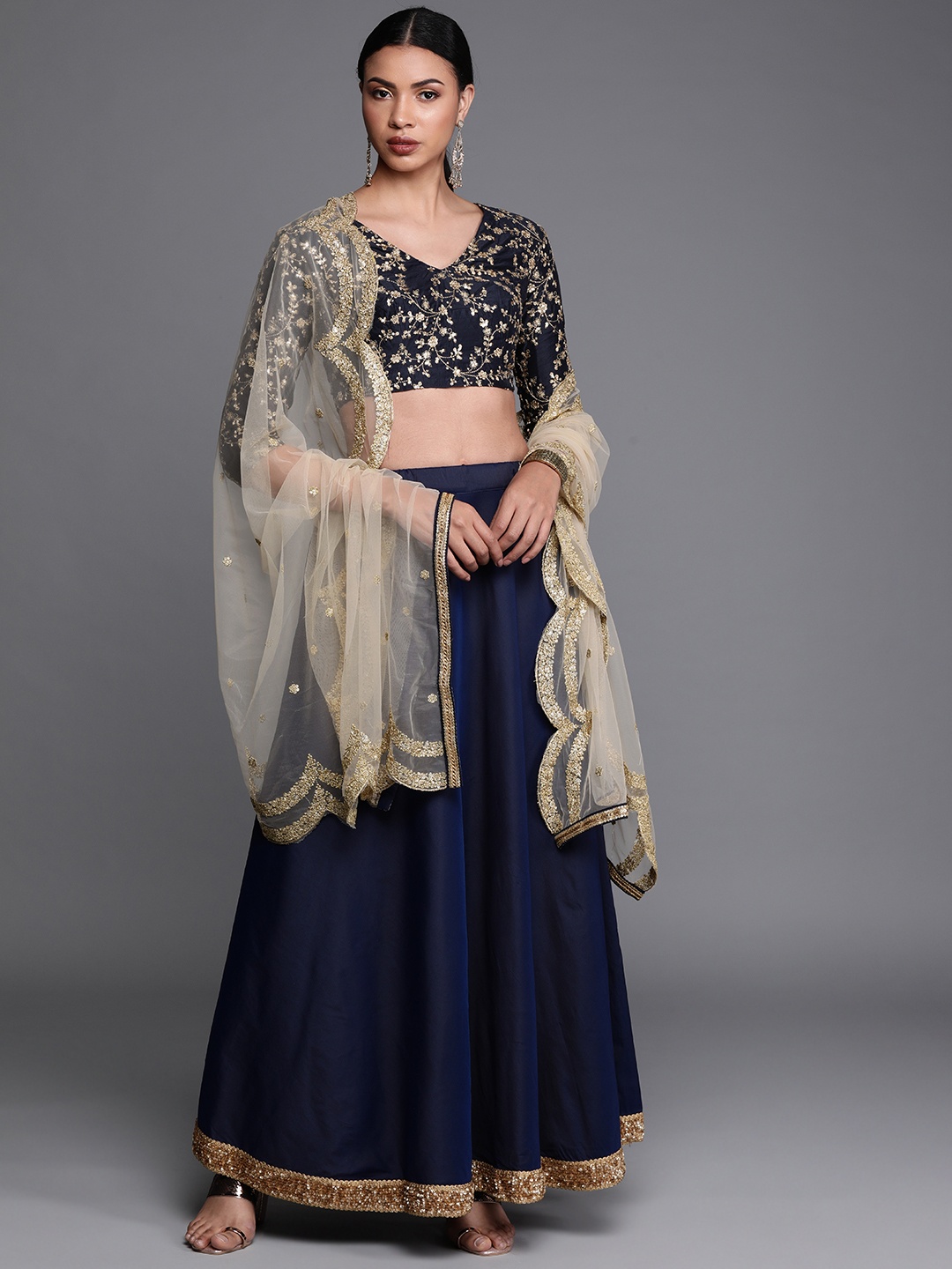 

Ethnovog Blue Embellished Made to Measure Lehenga Blouse with Dupatta