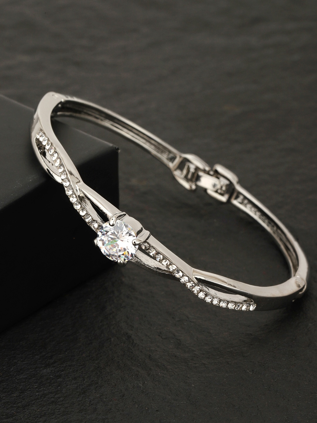 

Carlton London Silver-Toned Rhodium-Plated CZ Studded Bangle-Style Bracelet