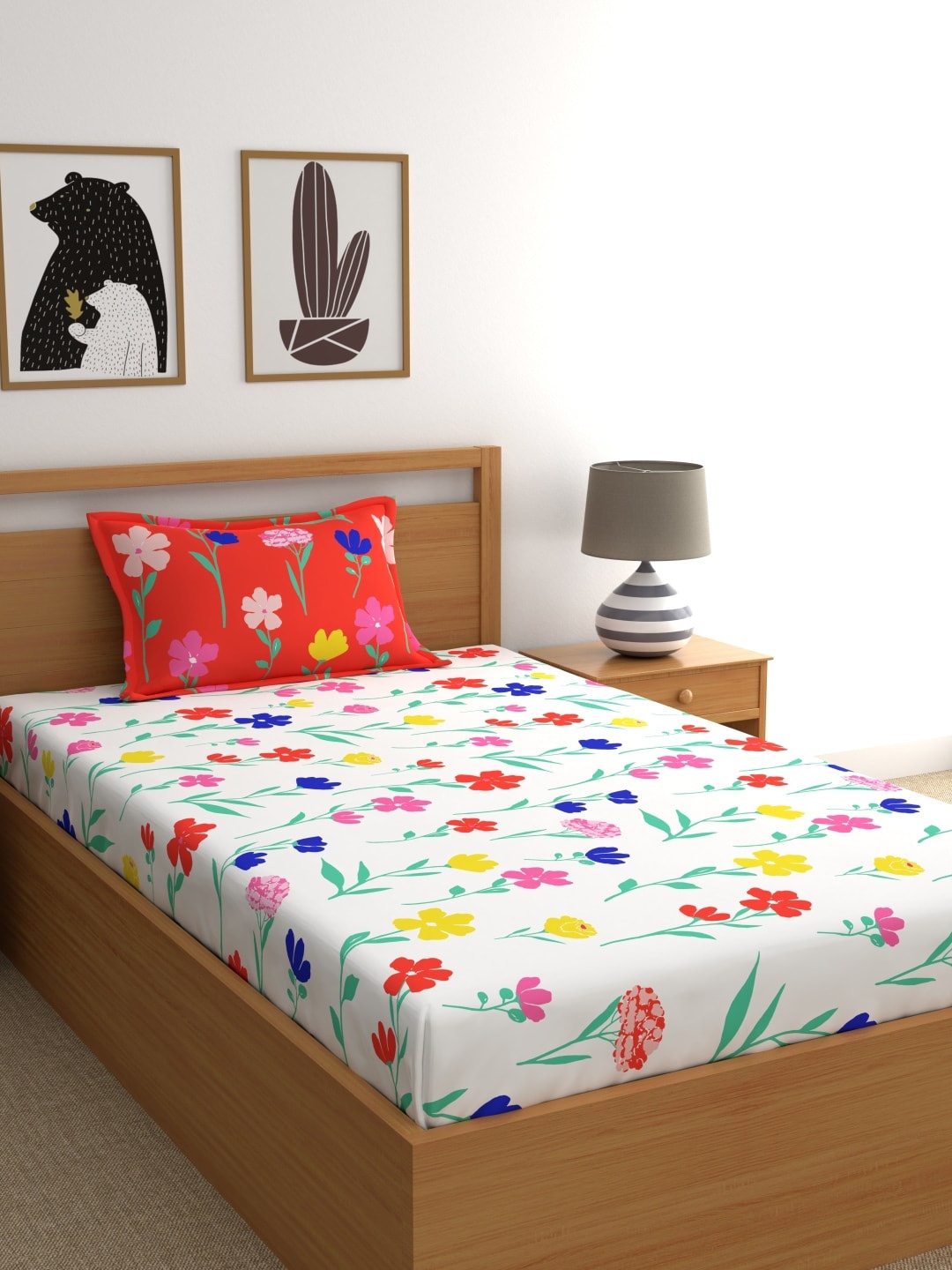 

Dreamscape Red White Floral 180 TC Cotton 1 Single Bedsheet with 1 Pillow Covers