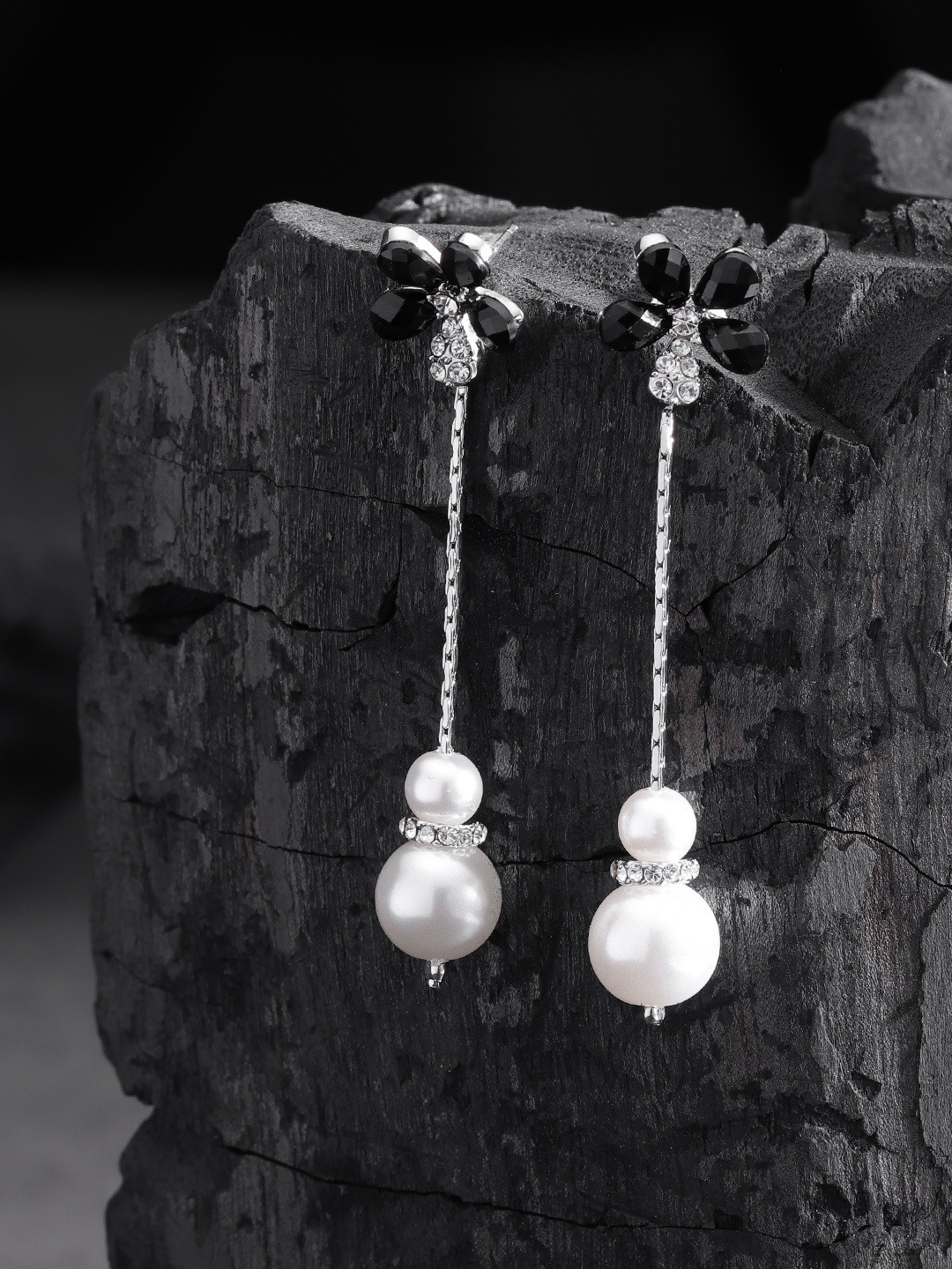 

Carlton London Silver-Toned & Black Rhodium-Plated Stone-Studded Floral Drop Earrings