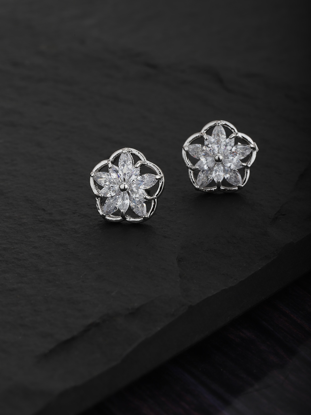 

Carlton London Silver-Toned Rhodium-Plated CZ Floral Studs