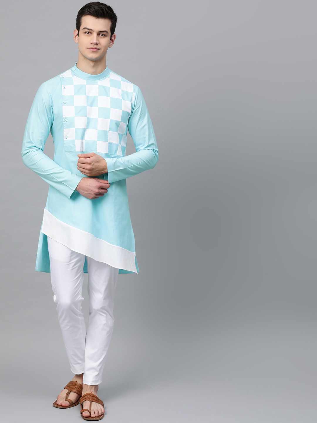 

See Designs Men Blue & White Yoke Design Straight Asymmetric Kurta