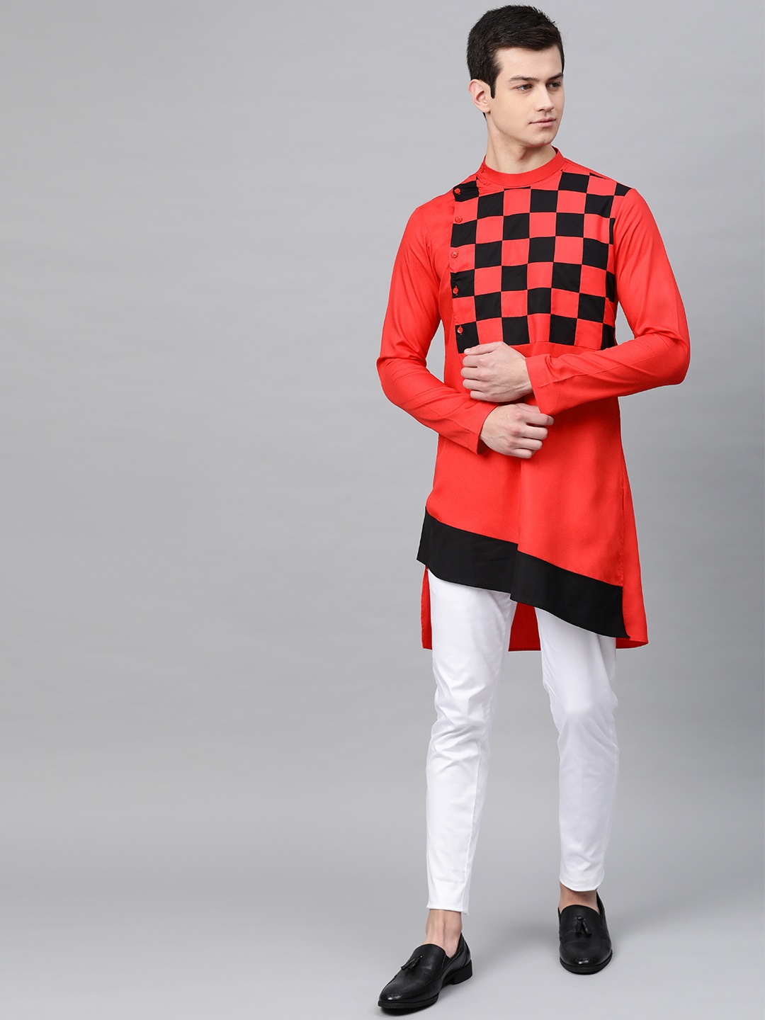 

See Designs Men Red & Black Yoke Design Asymmetric Straight Kurta