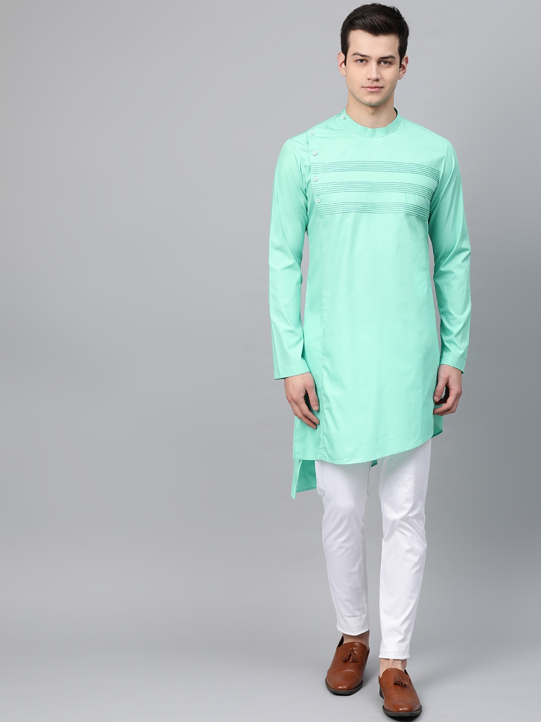 

See Designs Men Sea Green Solid Asymmetric Straight Kurta