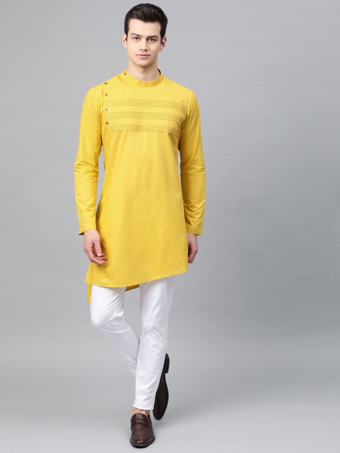 

See Designs Men Mustard Yellow Solid Asymmetric Straight Kurta