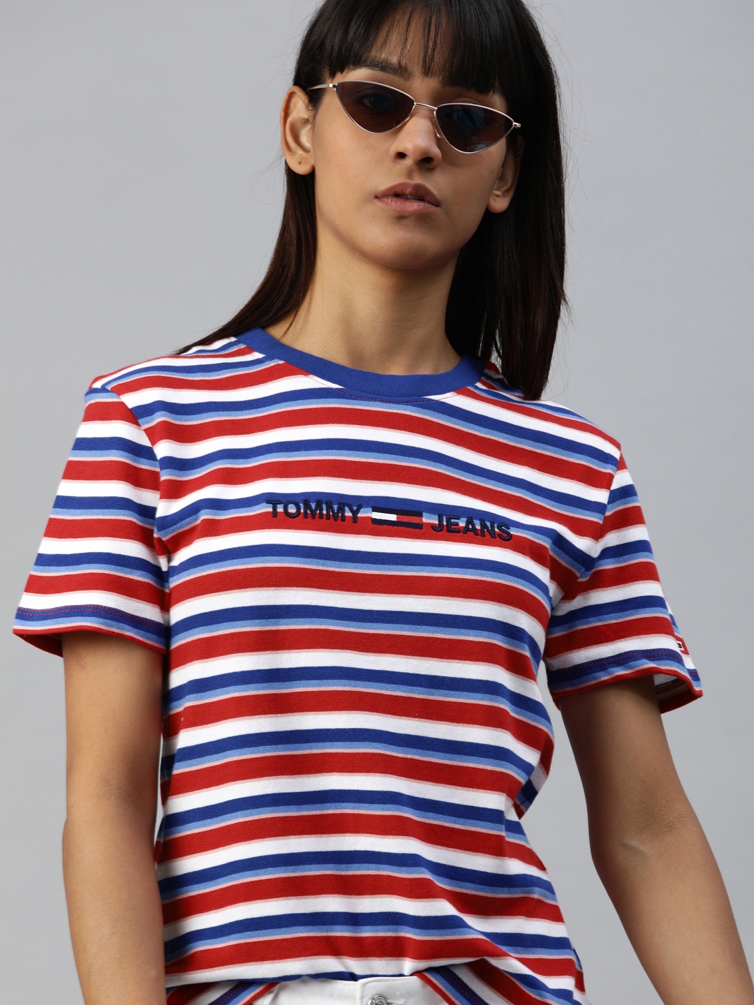 

Tommy Hilfiger Women White Blue Striped Round Neck Pure Cotton T-shirt