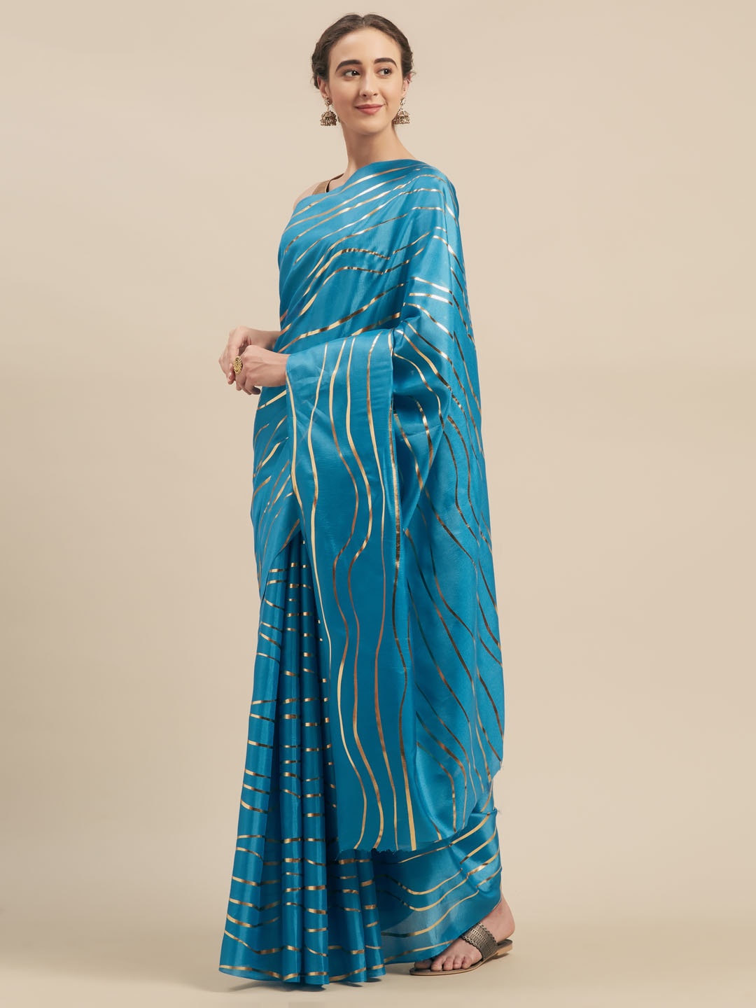 

MOKSHA DESIGNS Turquoise Blue & Gold-Toned Art Silk Striped Mysore Silk Saree