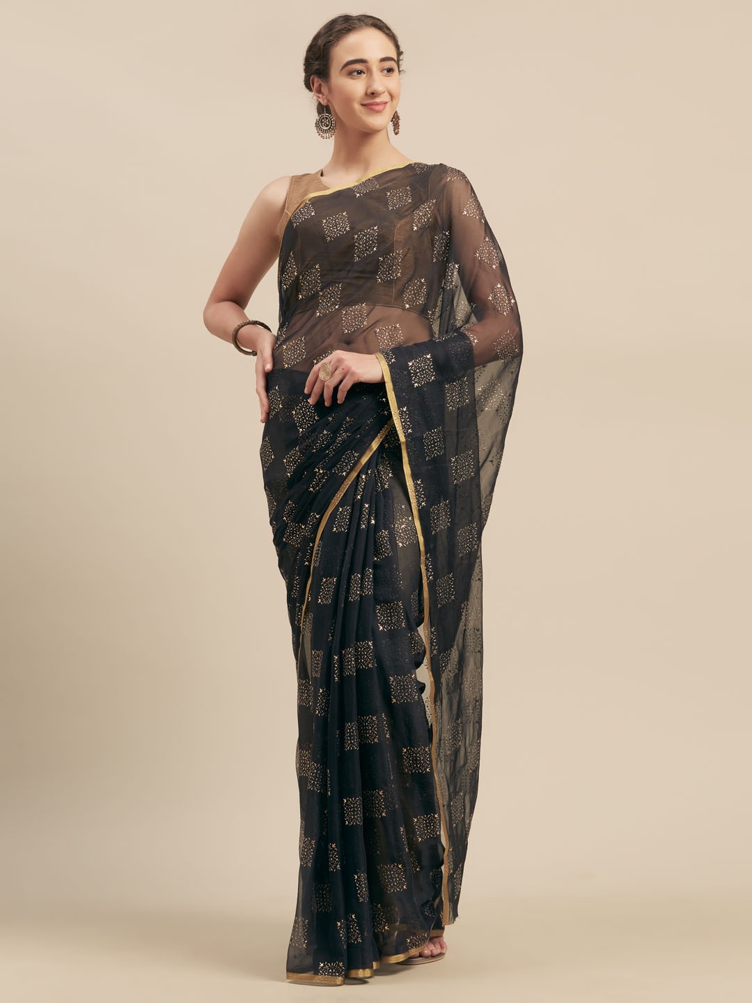 

MOKSHA DESIGNS Black & Gold-Toned Pure Chiffon Embellished Saree