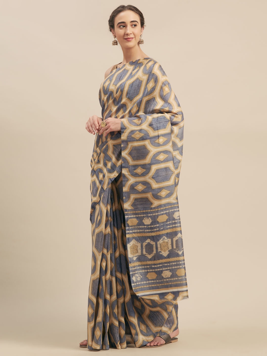 

MOKSHA DESIGNS Grey & Yellow Pure Cotton Printed Khadi Saree