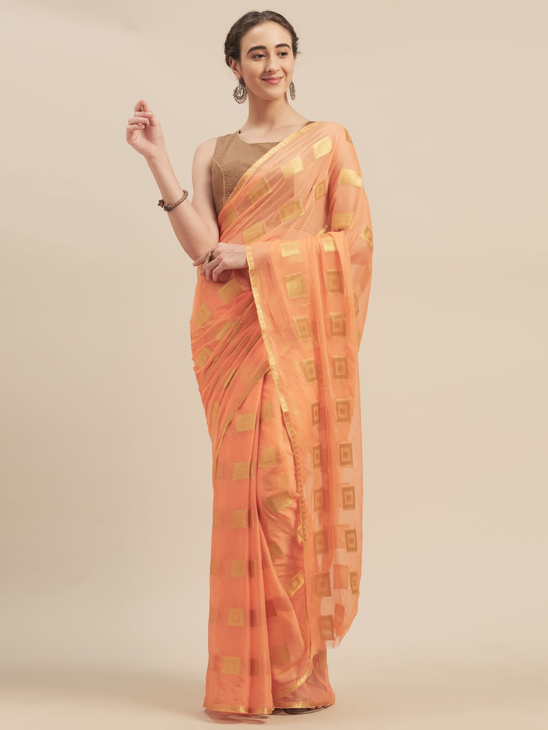 

MOKSHA DESIGNS Orange & Gold-Coloured Pure Chiffon Embellished Saree