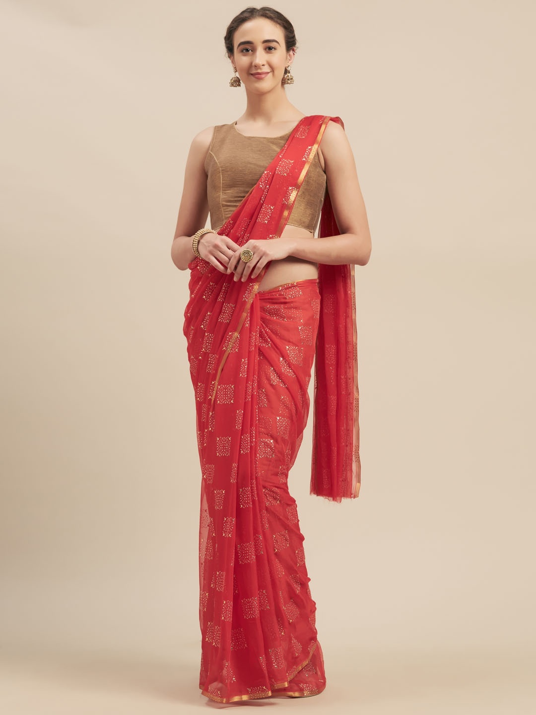 

MOKSHA DESIGNS Red & Gold-Toned Pure Chiffon Embellished Saree