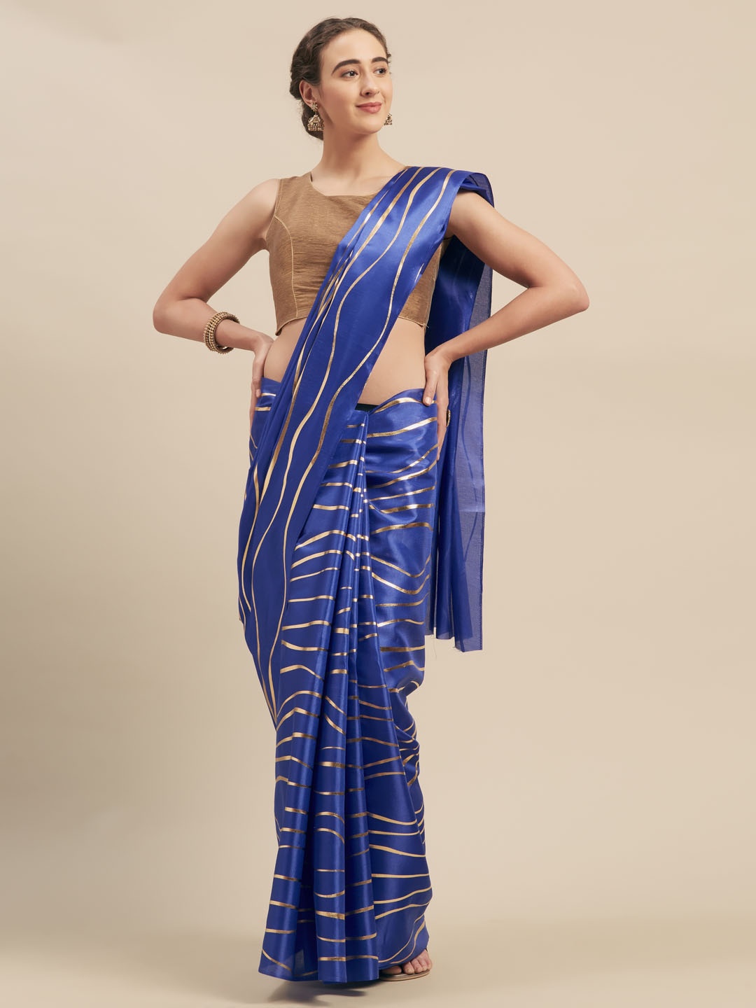 

MOKSHA DESIGNS Blue & Gold-Toned Art Silk Striped Mysore Silk Saree