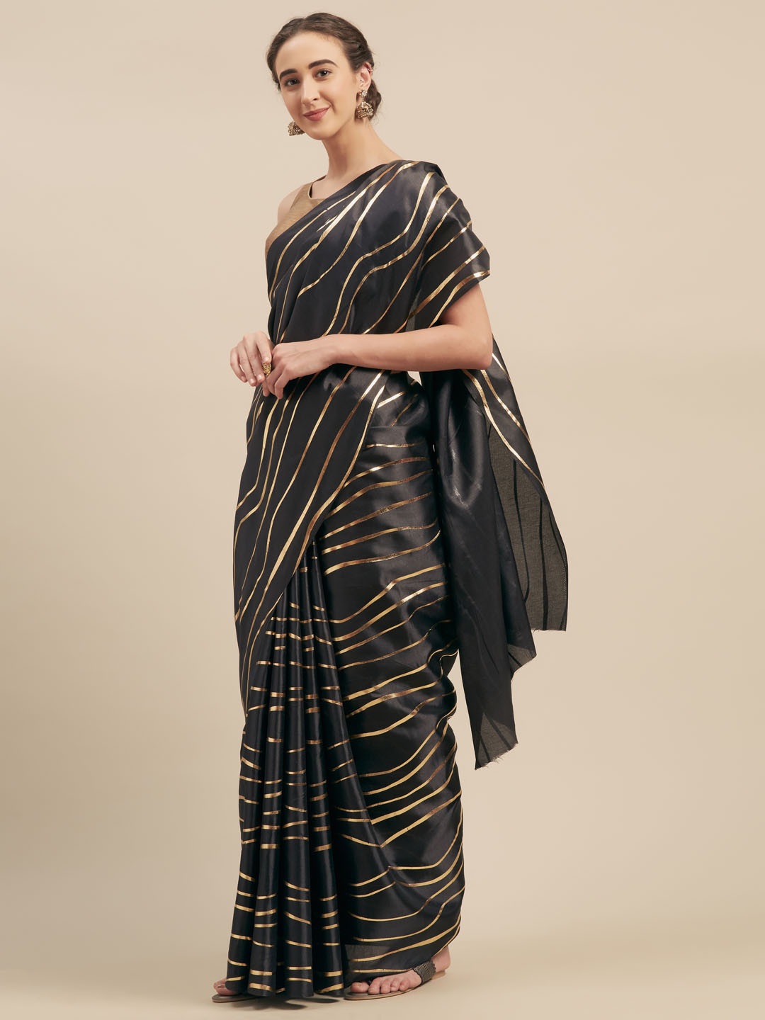 

MOKSHA DESIGNS Black & Gold-Toned Art Silk Printed Mysore Silk Saree