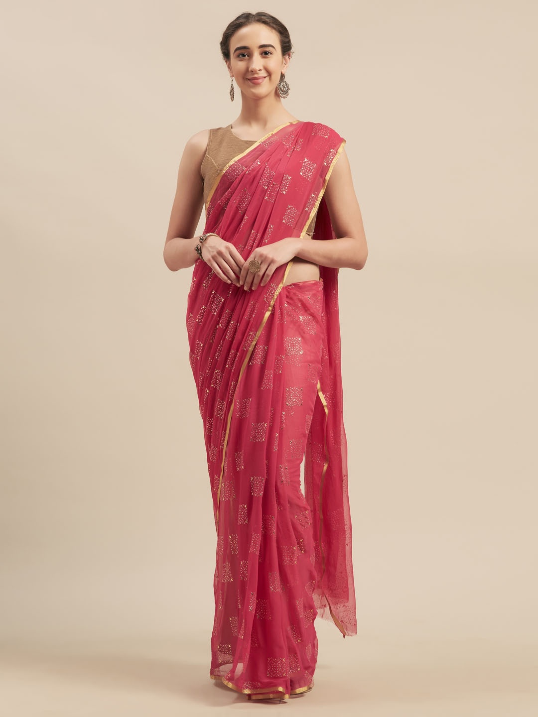 

MOKSHA DESIGNS Pink & Gold-Toned Pure Chiffon Embellished Saree