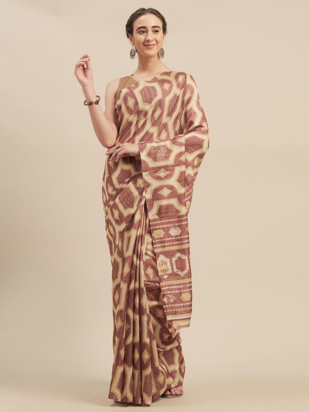 

MOKSHA DESIGNS Magenta & Beige Pure Cotton Printed Khadi Saree