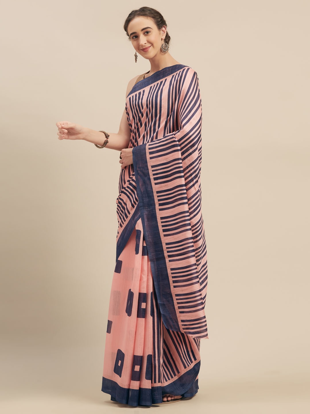 

MOKSHA DESIGNS Pink & Navy Blue Pure Linen Printed Khadi Saree