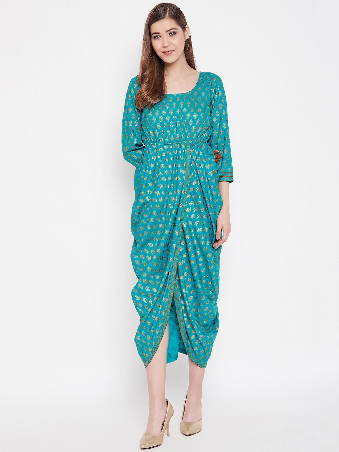 

MABISH by Sonal Jain Ethnic Print Tulip Hem A-Line Midi Dress, Blue