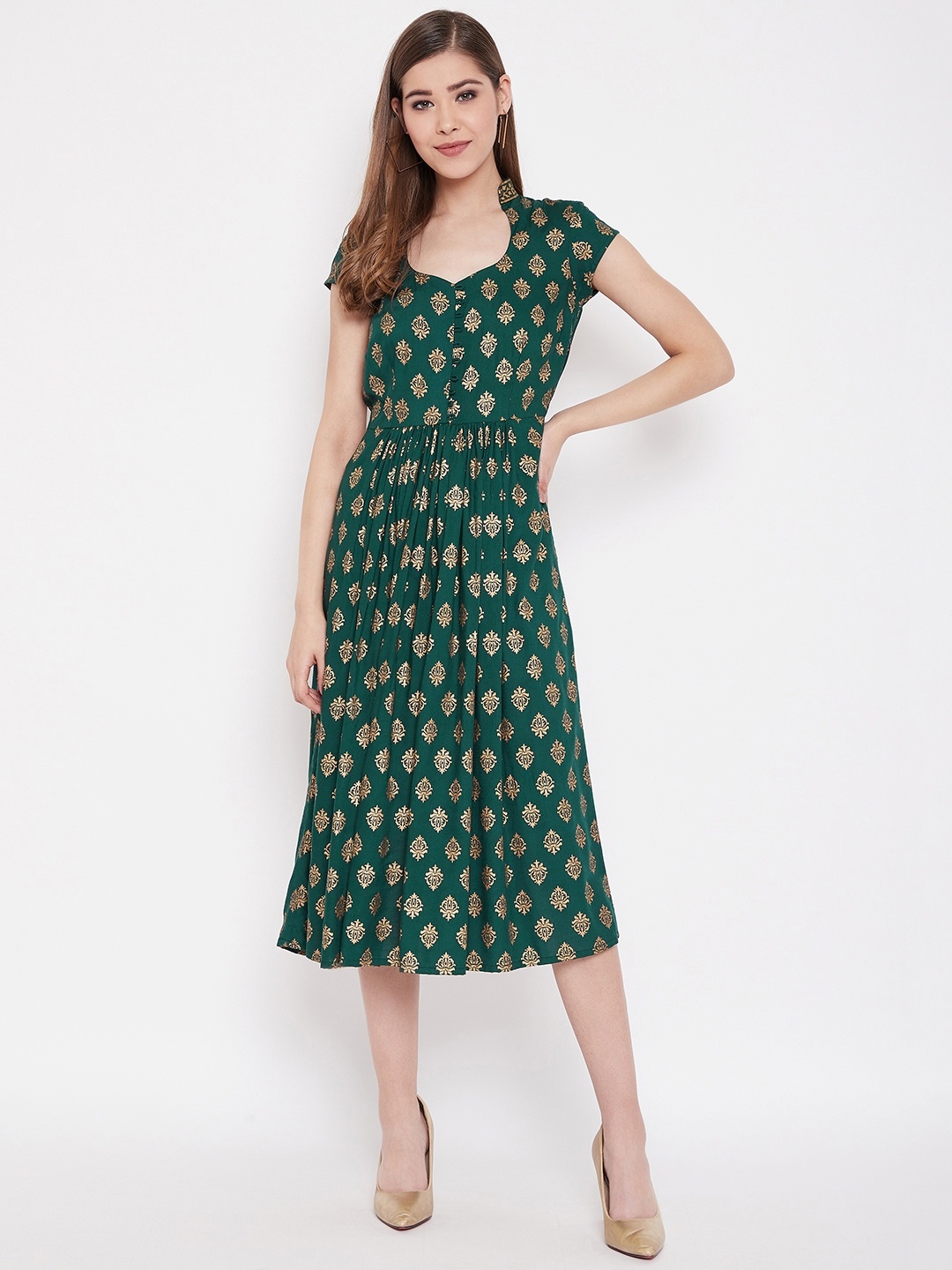 

MABISH by Sonal Jain Women Green & Golden Hand Block Printed A-Line Dress