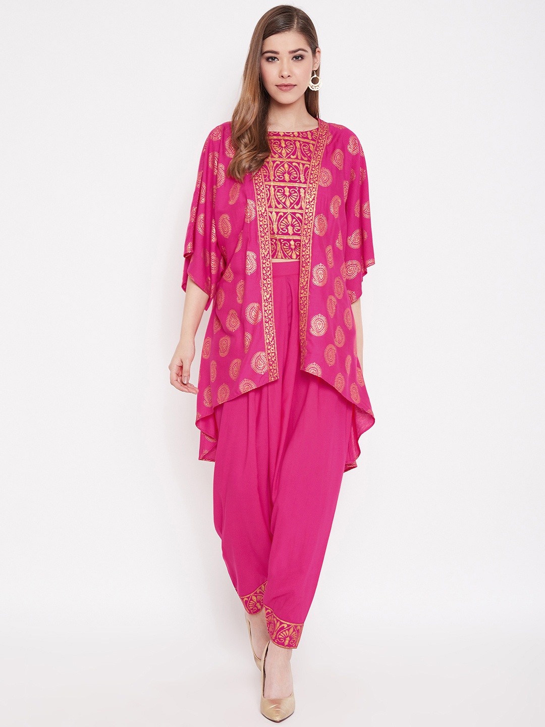 

MABISH by Sonal Jain Women Pink & Golden Solid Printed Front Shrug