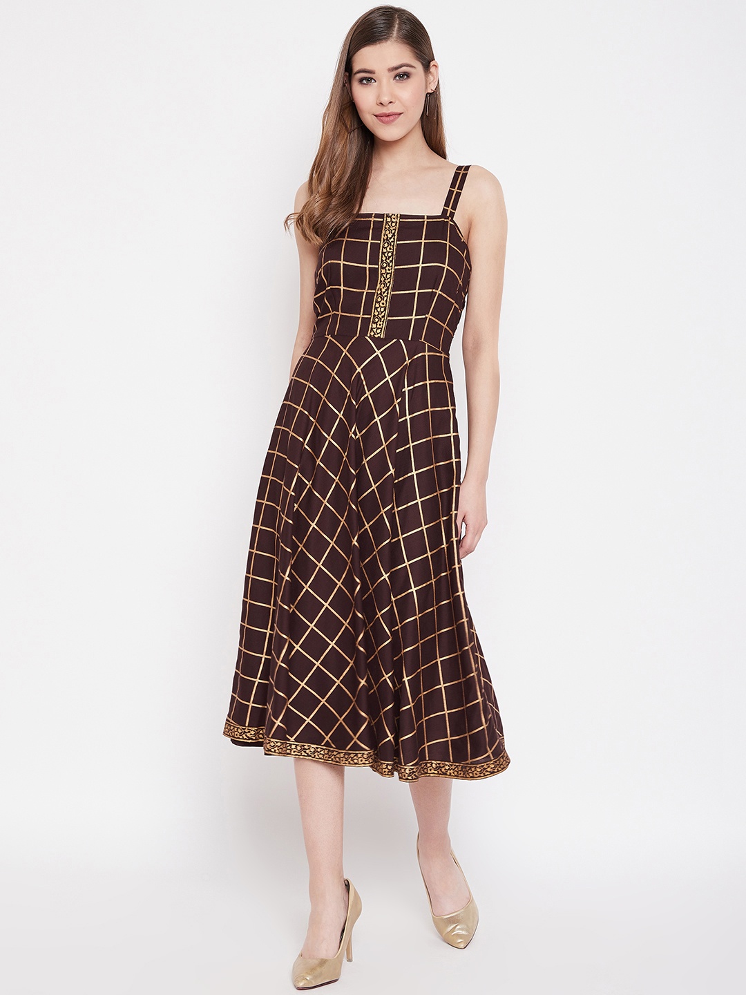 

MABISH by Sonal Jain Checked Fit and Flare Ethnic Dress, Brown
