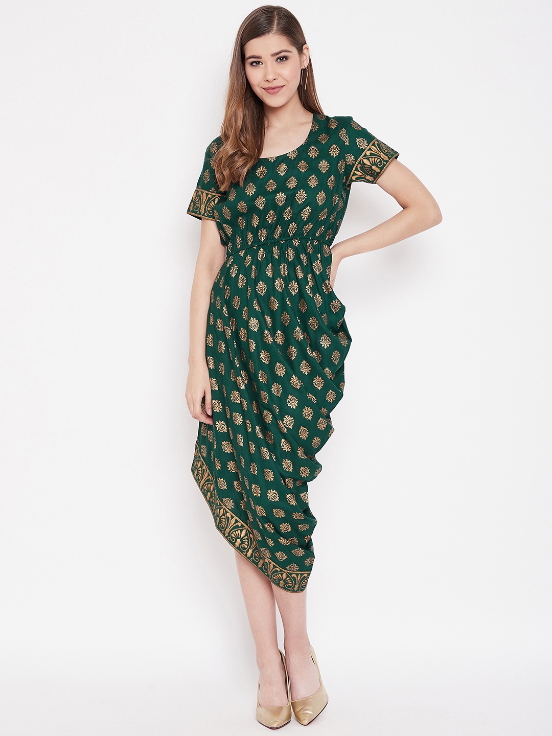 

MABISH by Sonal Jain Printed Asymmetric Cowl Hem Midi Ethnic Dress, Green