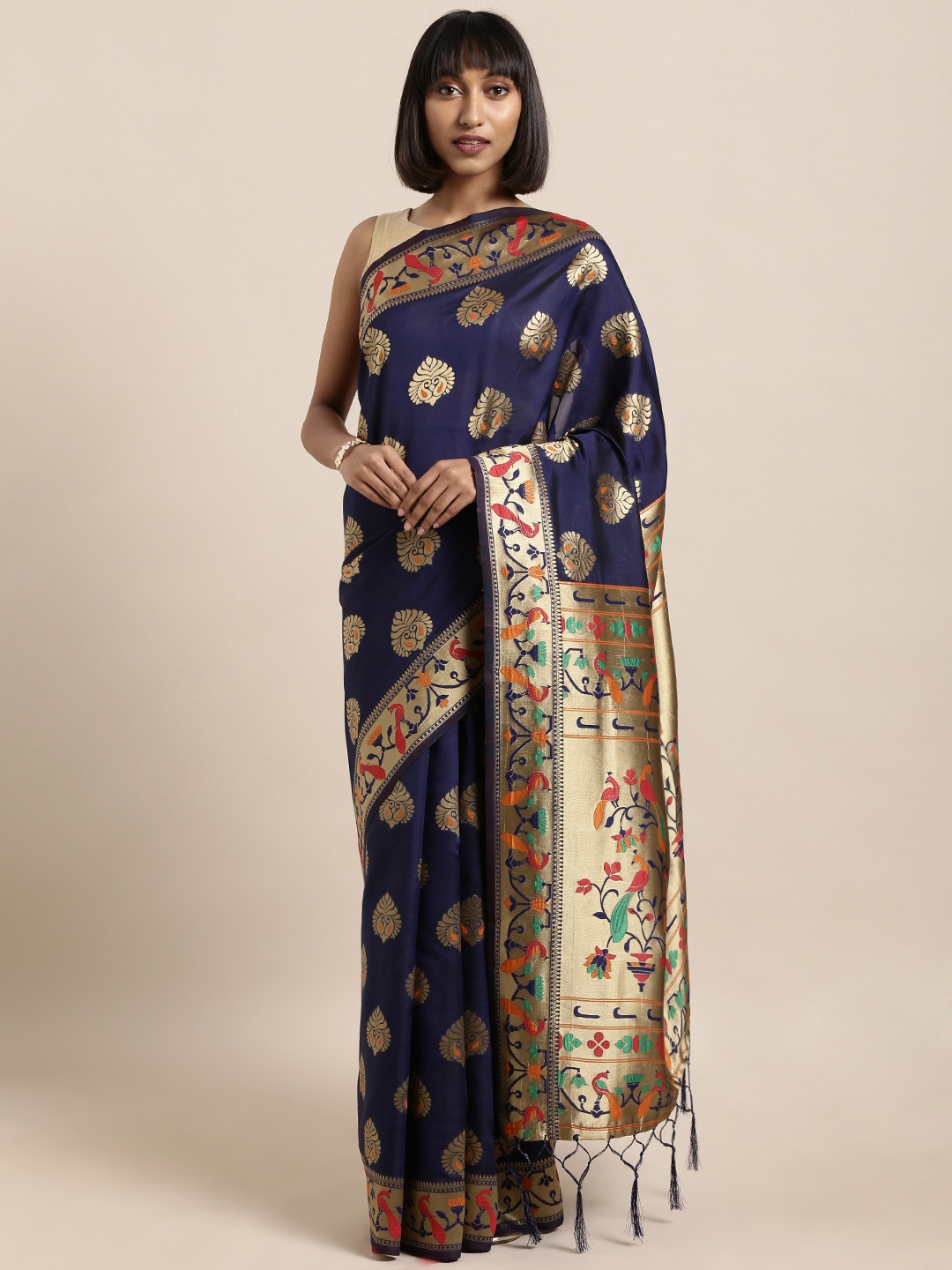 

Mitera Navy Blue & Gold-Toned Art Silk Woven Design Banarasi Saree