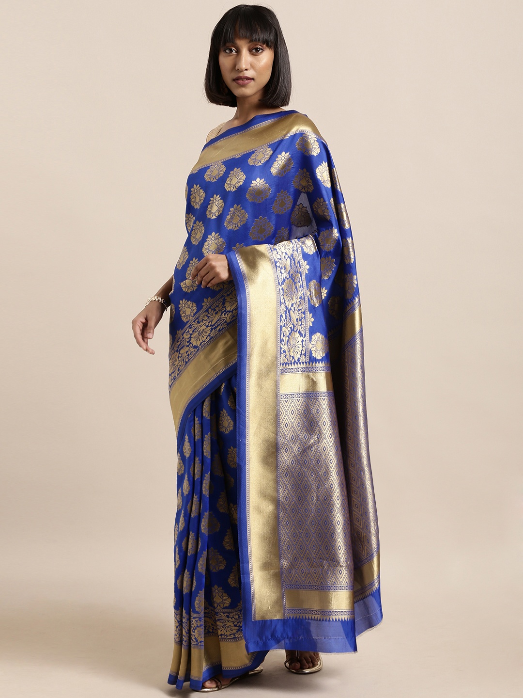 

Mitera Blue & Gold-Toned Art Silk Woven Design Banarasi Saree